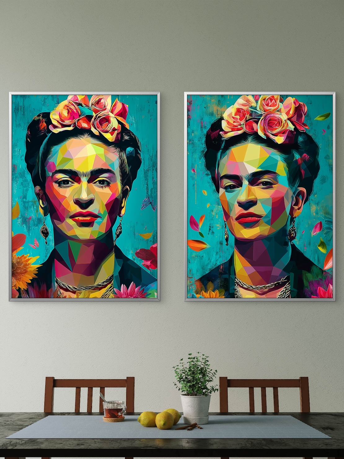 צמד תמונות קנבס של פרידה קאלו בעיצוב גיאומטרי צבעוני מתוך קולקציית NEXTGEN BY BAR מבית תכשיט לבית.
