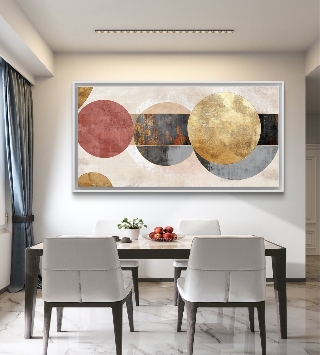 תמונת קנבס לרוחב בעיצוב אבסטרקטי עם מעגלים חופפים בגווני שמנת, זהב ואפור על רקע בהיר.