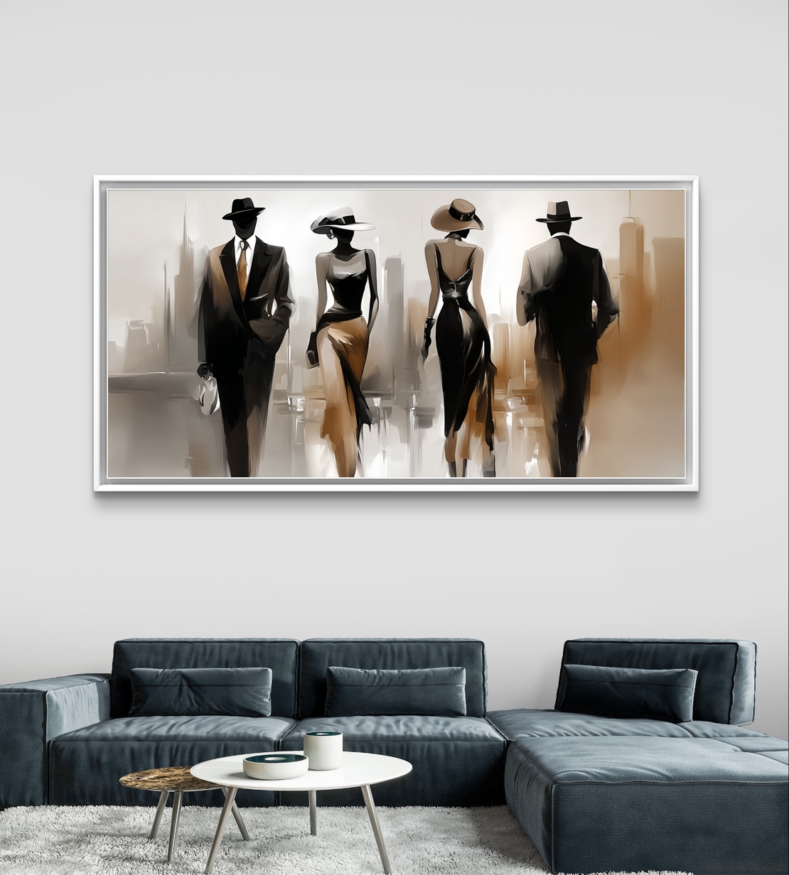 תמונת קנבס לרוחב עם דמויות אופנתיות בגווני שחור ובז׳ בסגנון עירוני אלגנטי, בהדפסה חלקה לעיצוב מודרני ויוקרתי.