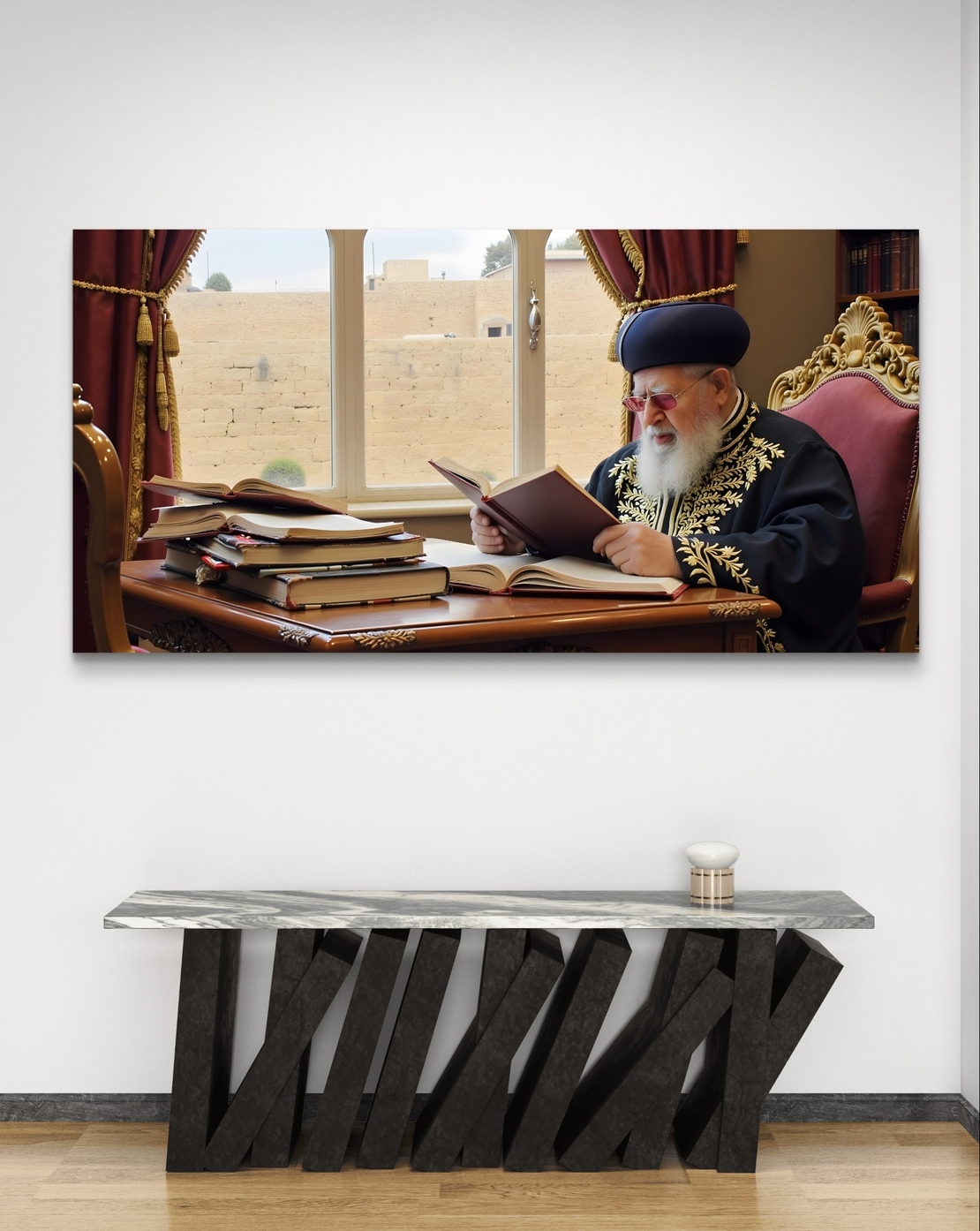 תמונת קנבס המציגה רב גדול בלימוד תורה, יושב לצד שולחן עם ספרי קודש, על רקע נוף יהודי מסורתי הנשקף מחלון גדול.