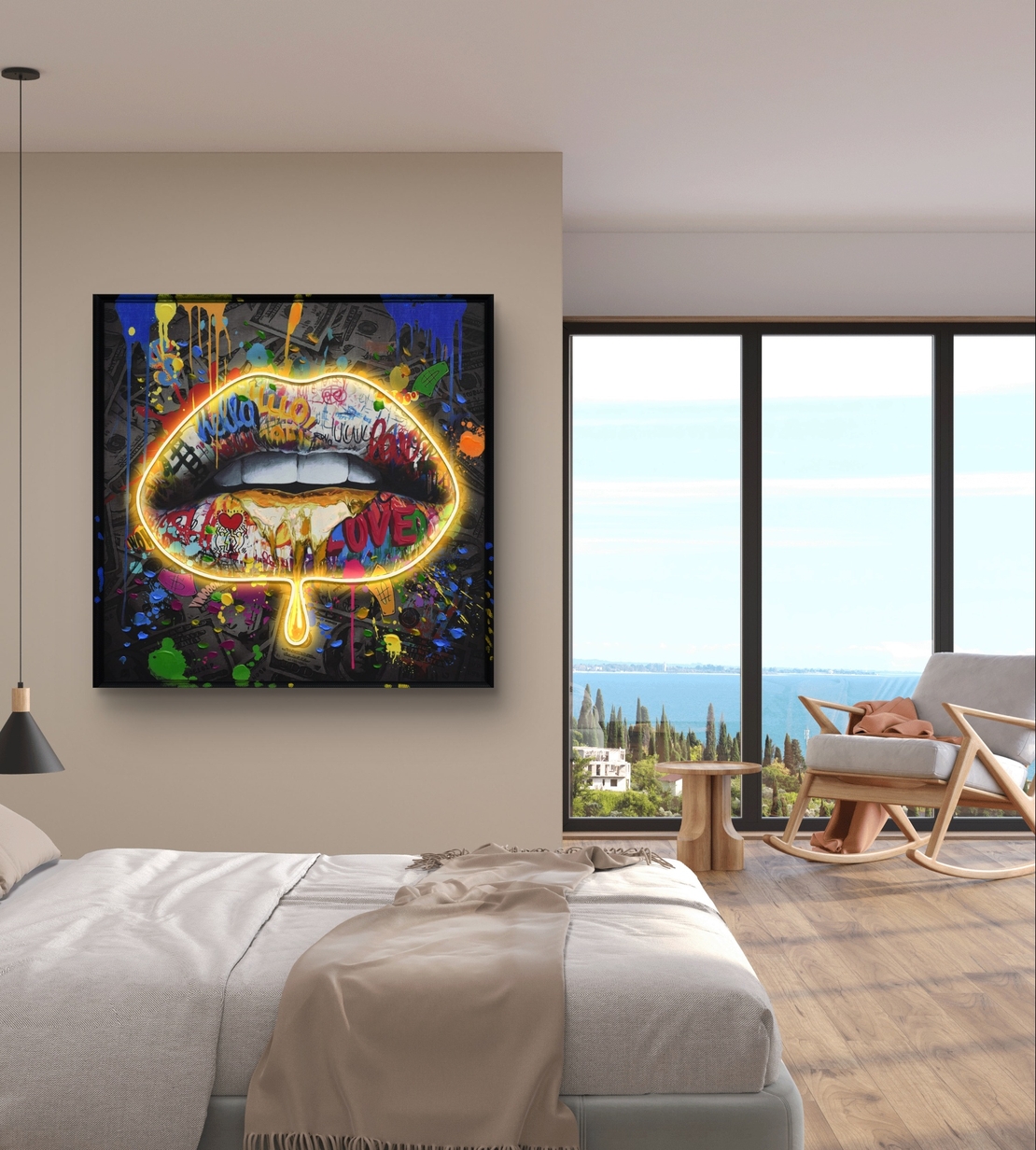 תמונת LED שפתיים גרפיטי עם זהב נוזלי – מופעלת על סוללות וכוללת שלט רחוק דגם LED1013 -מידה 83*83 ס