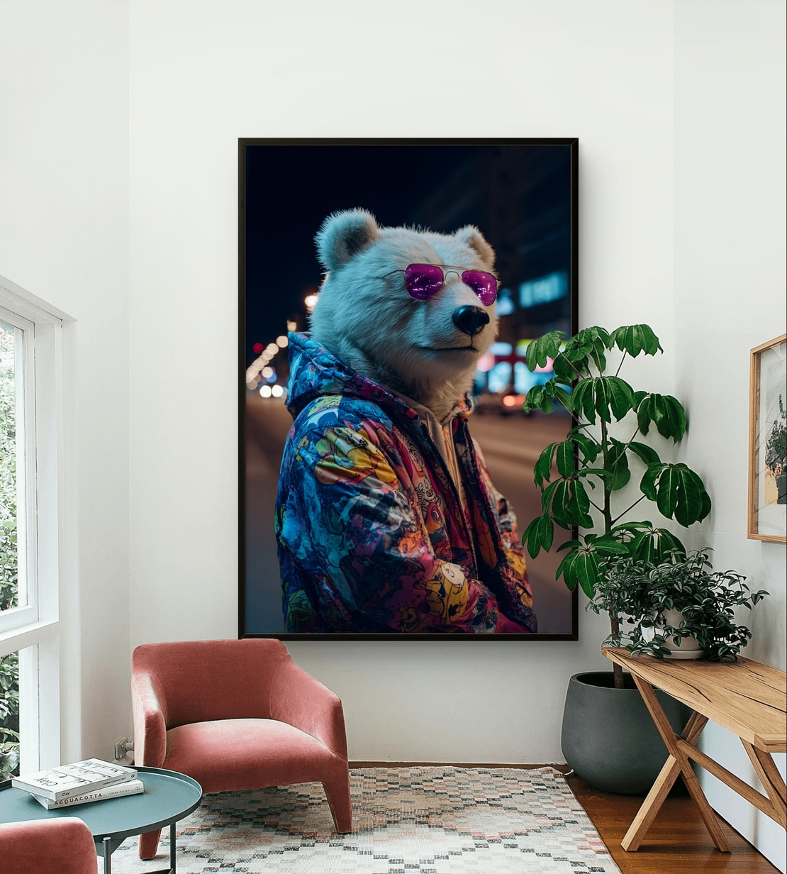 תמונת קנבס של דוב אורבני עם משקפי שמש סגולים וז’קט צבעוני על רקע עירוני בלילה