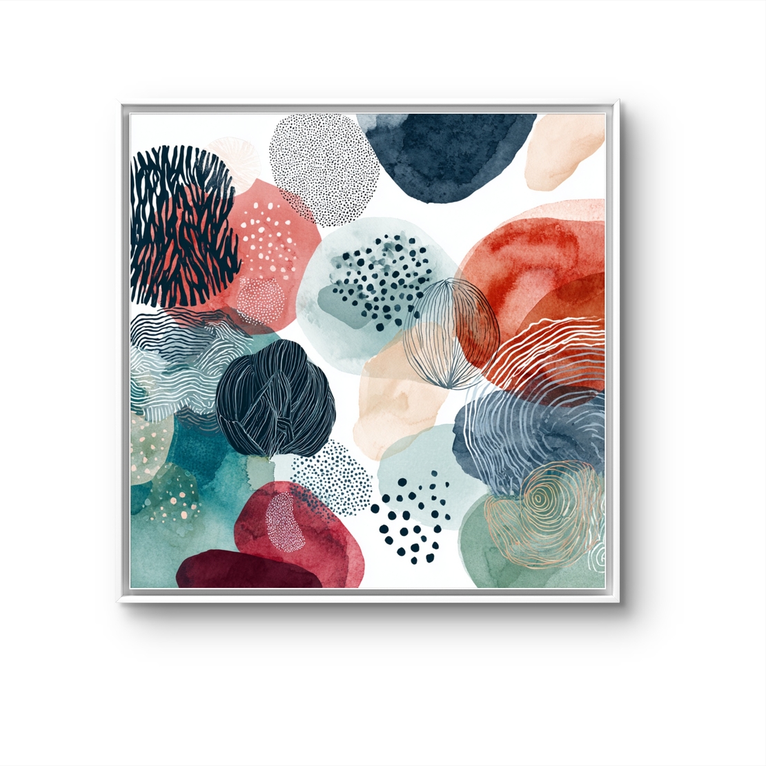 קולאז׳ אקוורל – תמונת קנבס אבסטרקט צבעי מים בטורקיז וקורל | SQ3382