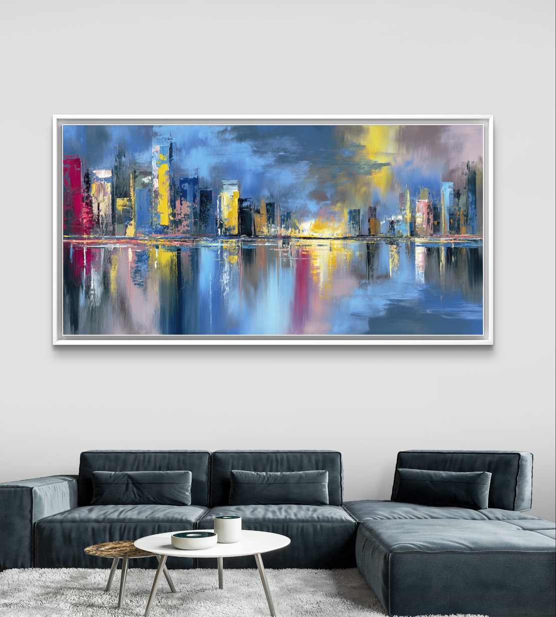 תמונת קיר אבסטרקטית של עיר צבעונית בכחול, צהוב ונגיעות אדום, מראה דרמטי לסלון