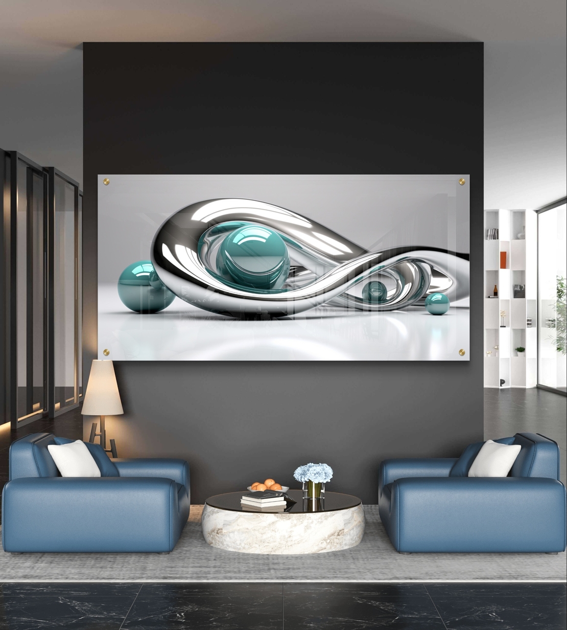 אינסוף כרום – תמונת זכוכית אבסטרקטית עם קימורי כסף וכדורי טורקיז | GP1391