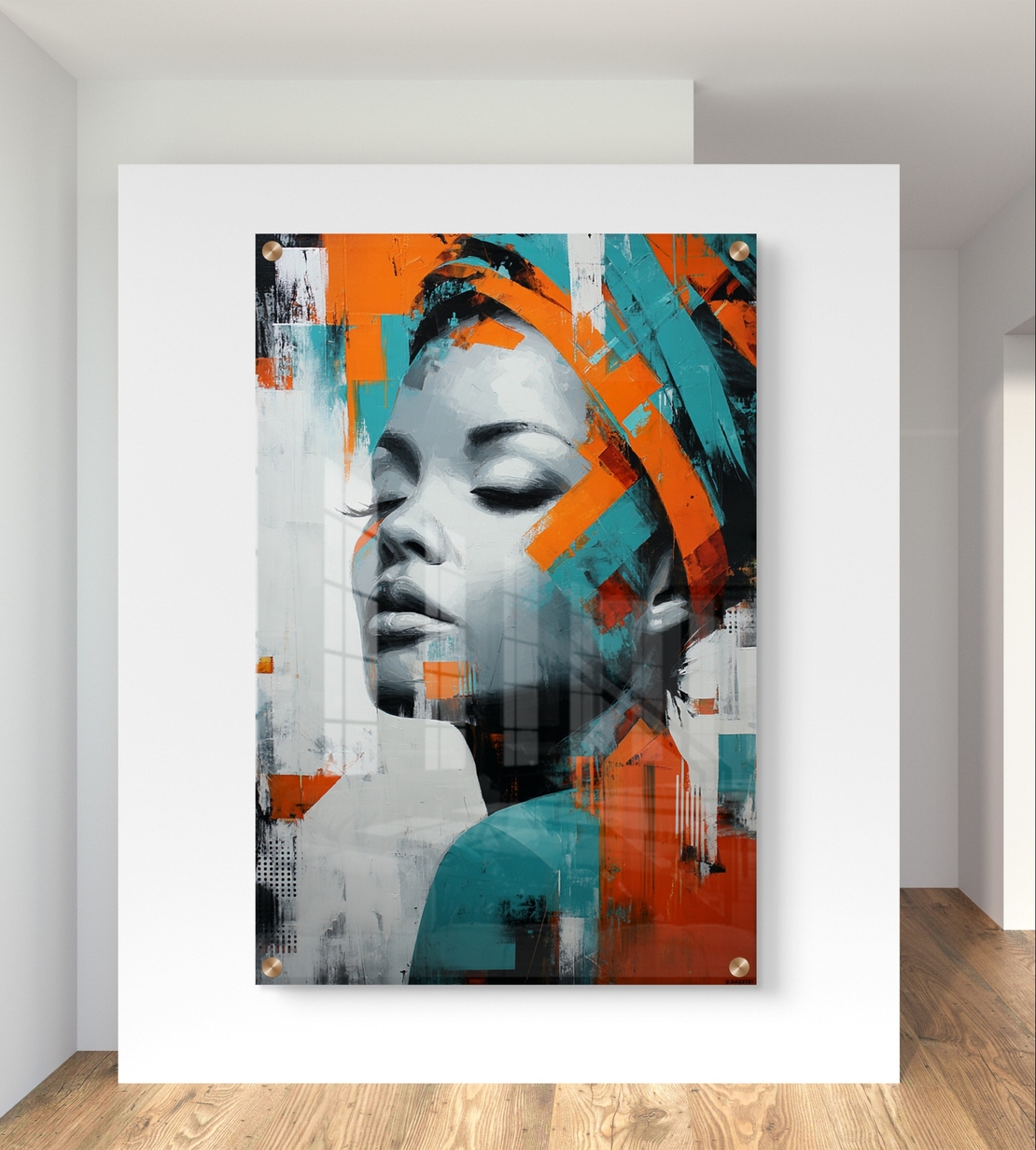 תמונת זכוכית פורטרט מודרני בגווני טורקיז וכתום עם הדפסה חלקה ללא תבליט – תכשיט לבית