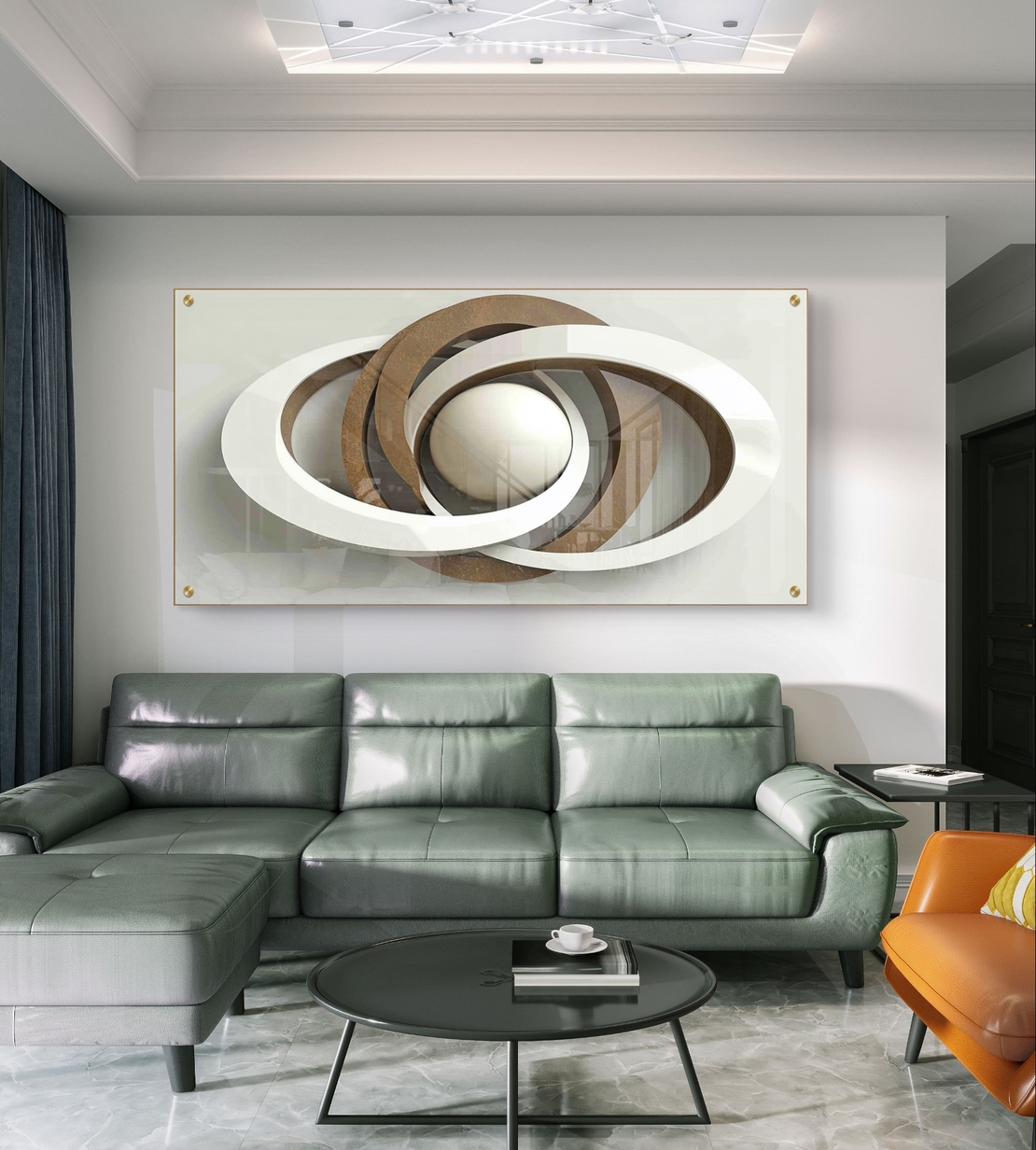 תמונת זכוכית לרוחב עם עיצוב אבסטרקטי של מעגלים חופפים וכדור מרכזי בגווני לבן וחום, בהדפסה חלקה