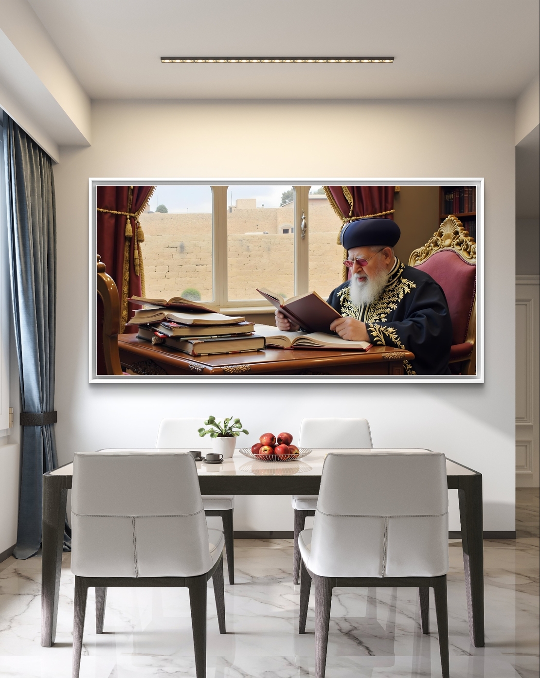 תמונת קנבס המציגה רב גדול בלימוד תורה, יושב לצד שולחן עם ספרי קודש, על רקע נוף יהודי מסורתי הנשקף מחלון גדול.