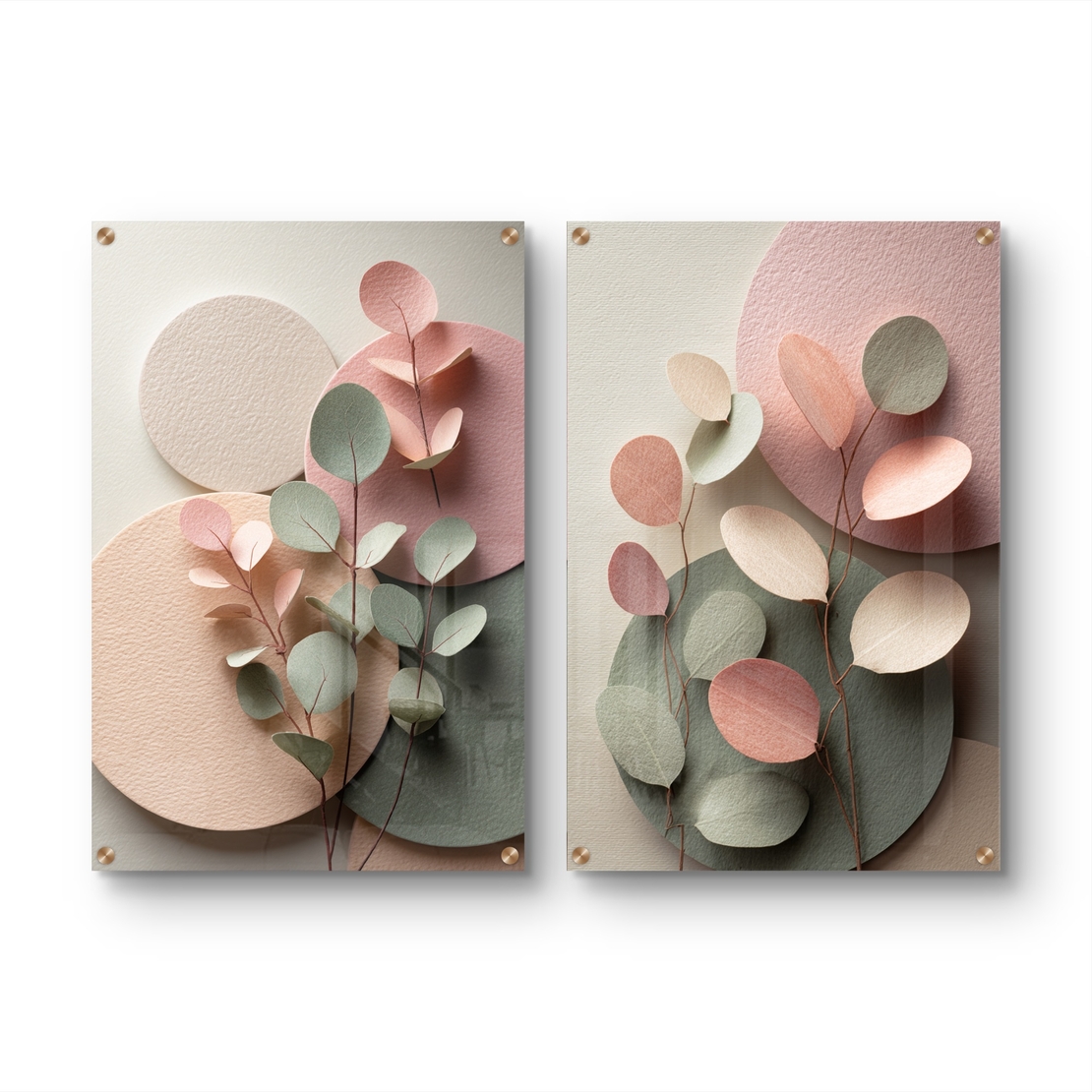 תמונת זכוכית זוגית בעיצוב עדין עם עלים וצורות פסטל בגווני ורוד וירוק