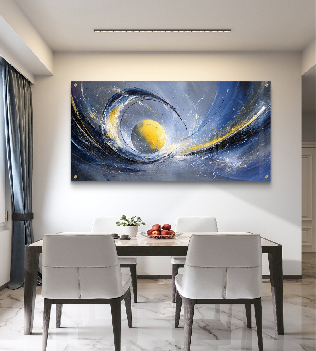 תמונת זכוכית לרוחב אבסטרקטית בגווני כחול וזהב עם ליבה זוהרת לעיצוב סלון מודרני