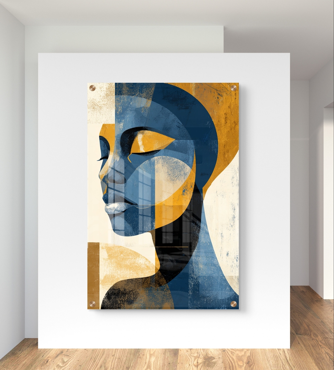 תמונת זכוכית מודרנית של פרופיל נשי מופשט בגווני כחול וזהב – תכשיט לבית