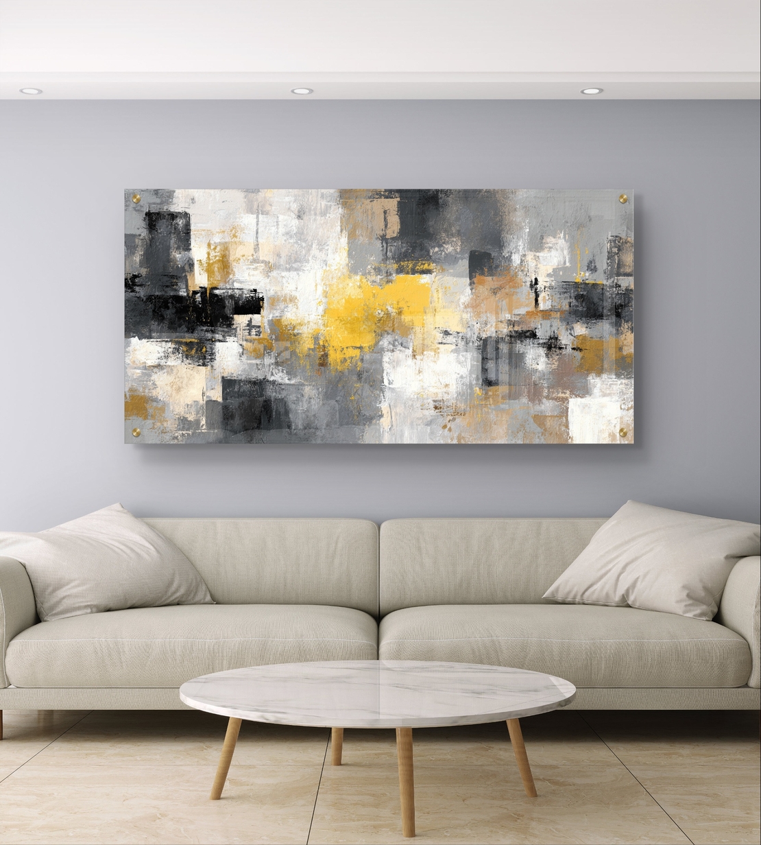 תמונת זכוכית לרוחב בעיצוב אבסטרקטי בגווני אפור, שחור וזהב עם מראה מודרני ויוקרתי