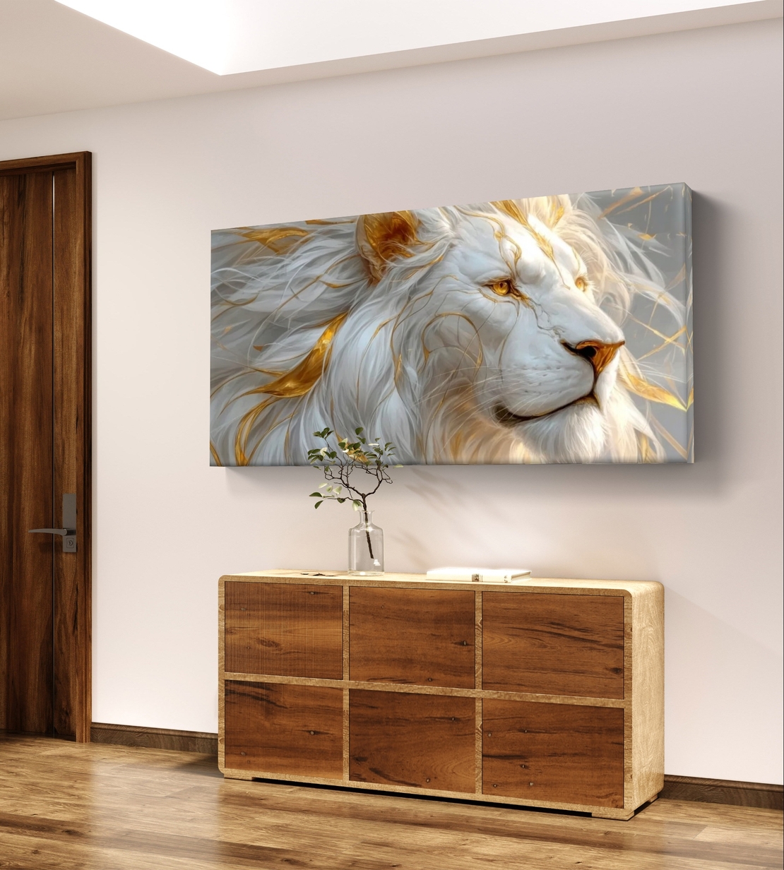 תמונת קנבס לרוחב של אריה לבן עם נגיעות זהב בעיצוב יוקרתי לעיצוב הבית