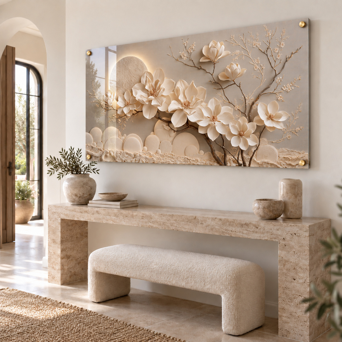 תמונת זכוכית פרחים לבנים על רקע שמנת | דגם MG9145
