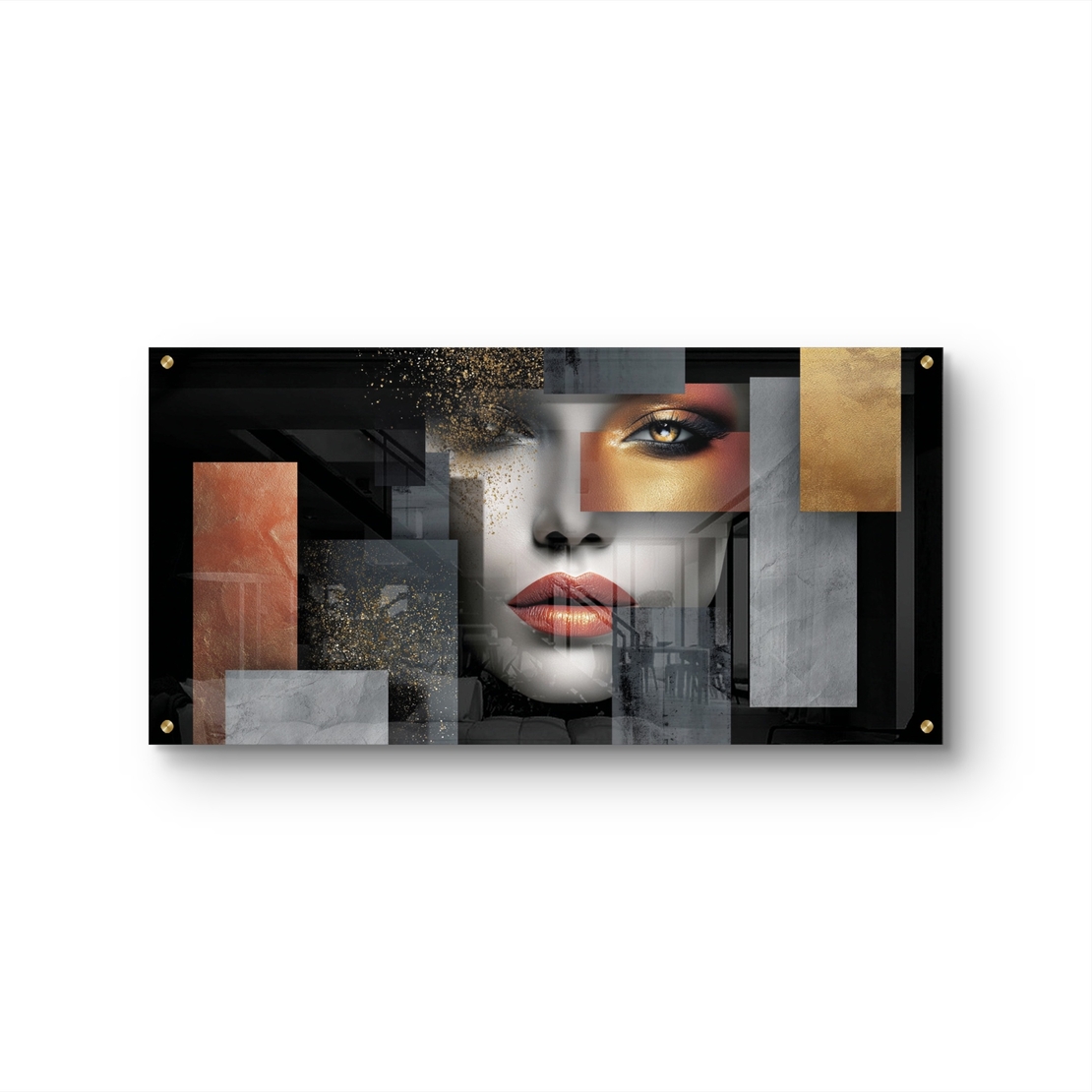 תמונת זכוכית עם דיוקן נשי מפורק בשכבות גאומטריות בגווני שחור, אפור וזהב – תכשיט לבית