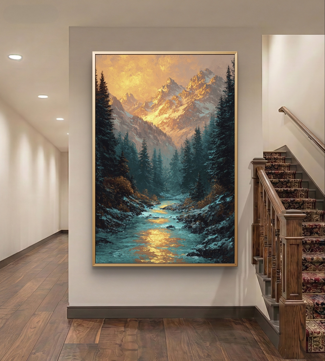 נהר זהוב בין ההרים – תמונת קנבס נוף הרים ויער בגווני כחול וזהב | DC4474