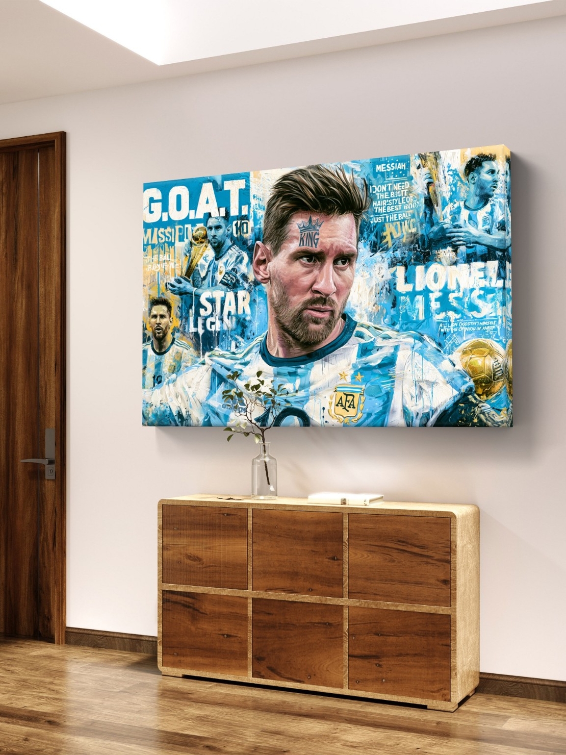 ליאו מסי G.O.A.T – תמונת קנבס לרוחב בסגנון פופ ארט כחול וזהב – דגם DA1881