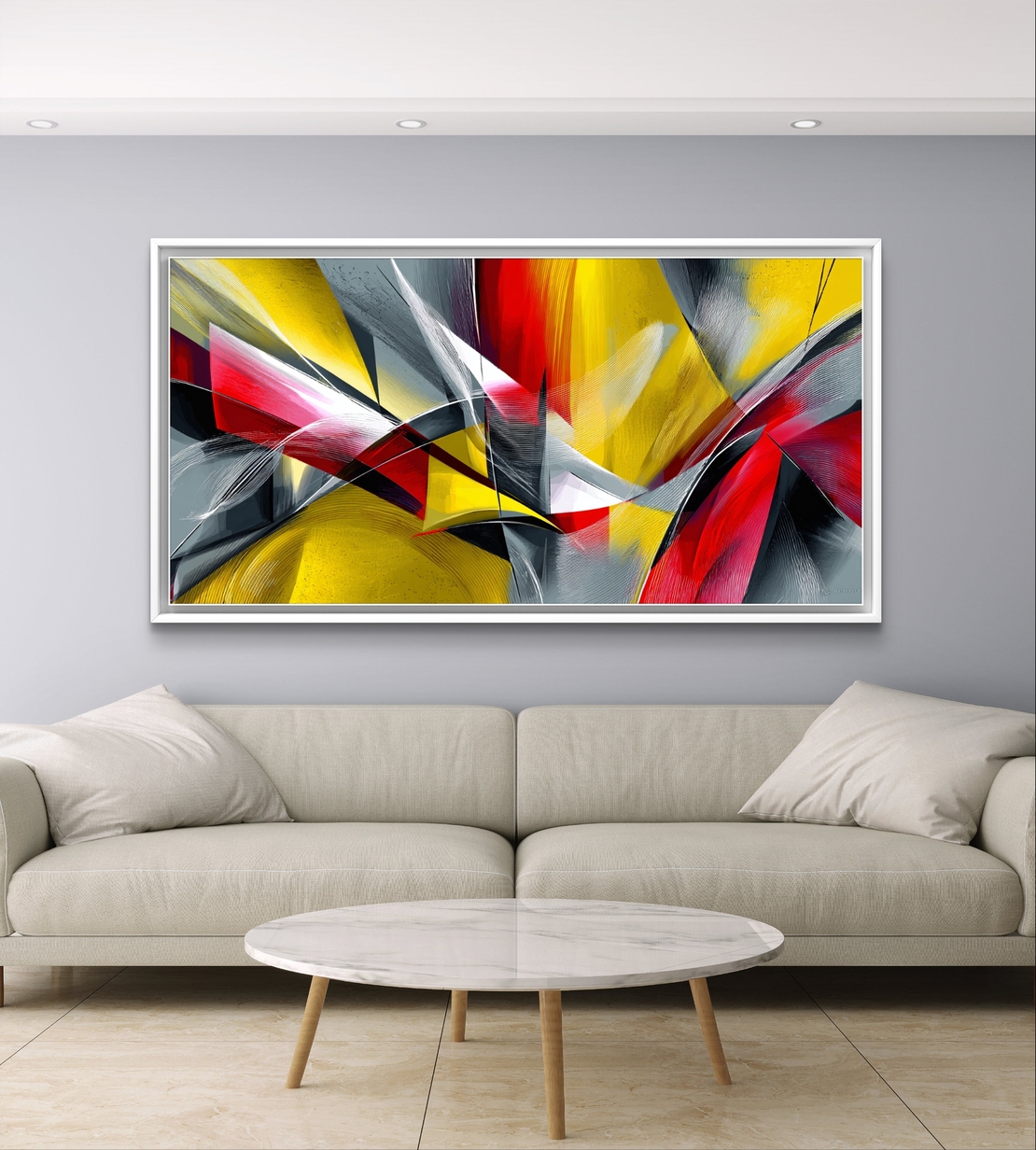 תמונת קנבס אבסטרקטית לרוחב בגווני צהוב, אדום ואפור עם קווים דינמיים ותנועה מודרנית