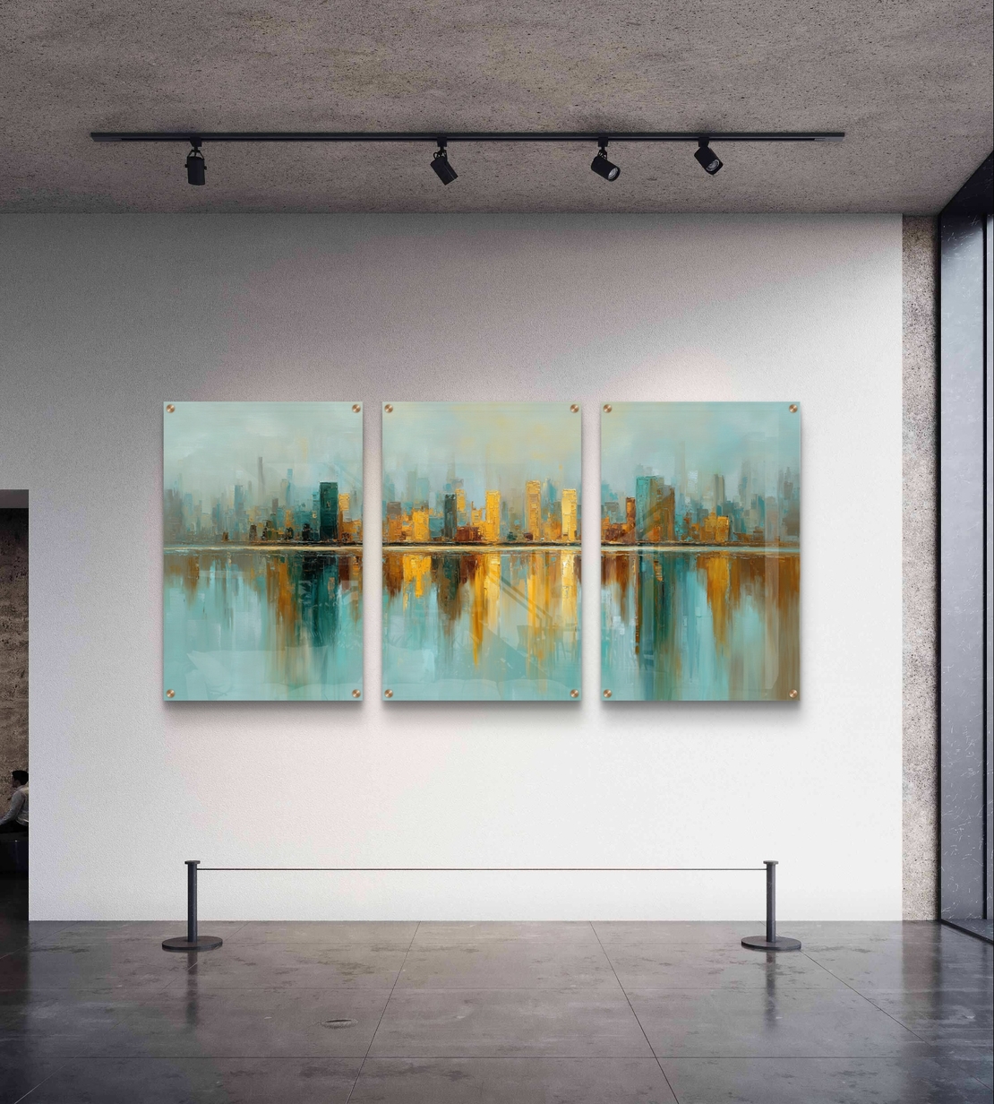 סט שלישייה של תמונות זכוכית אבסטרקטיות עם קו־רקיע עירוני בגווני תכלת וזהב והשתקפות מים
