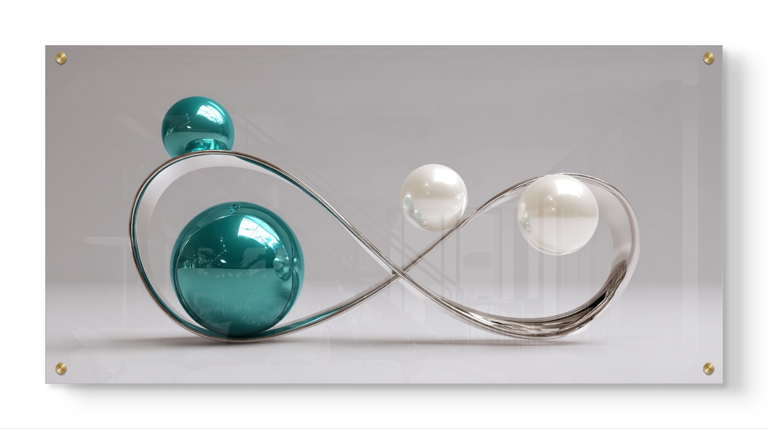 תמונת זכוכית בהדפסה חלקה עם עיצוב אינסוף מתכתי וכדורים מבריקים בגווני טורקיז ולבן, בסגנון מודרני ויוקרתי.