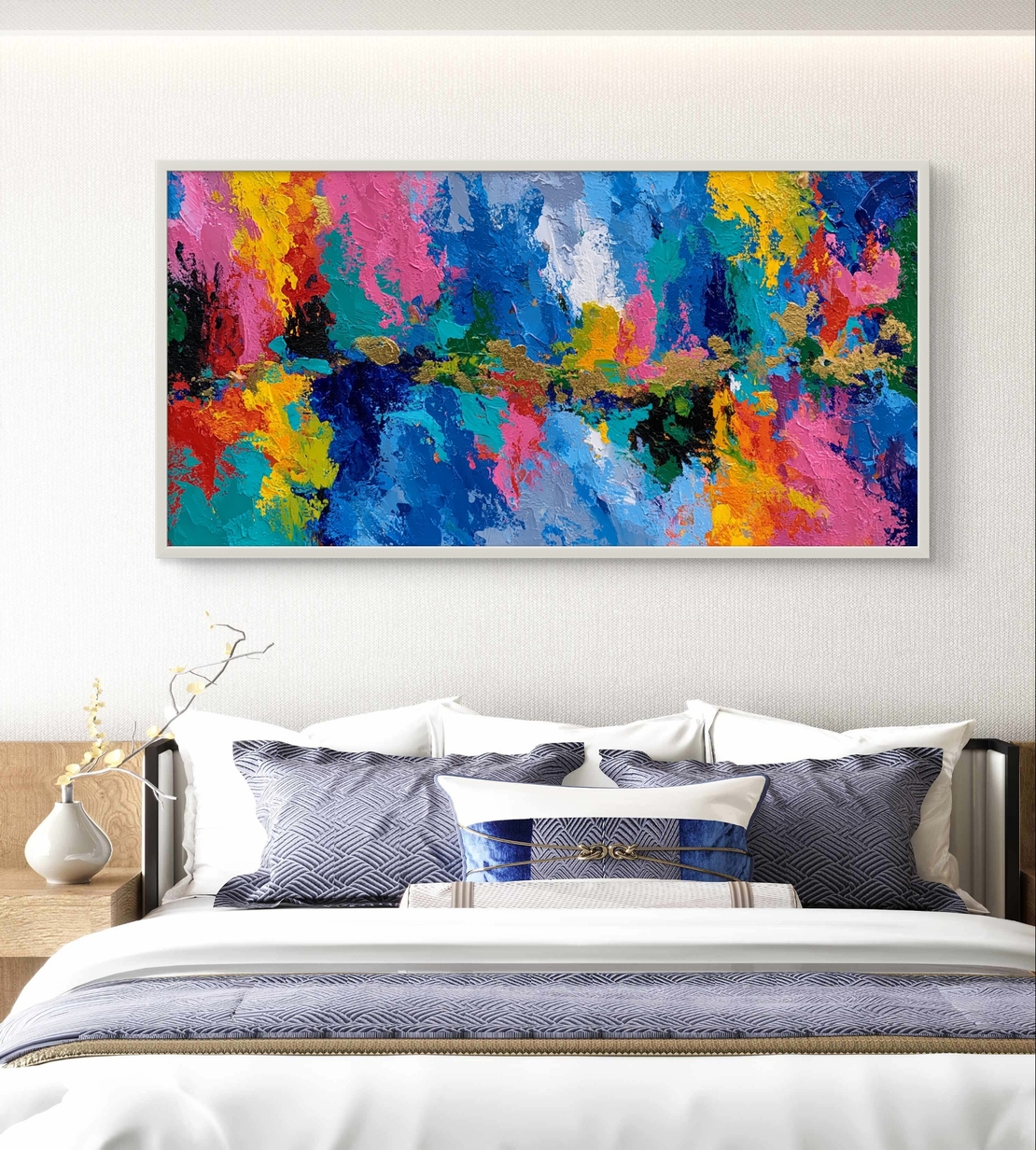 תמונה גדולה לקיר סלון בסגנון אבסטרקט דינמי וצבעוני.