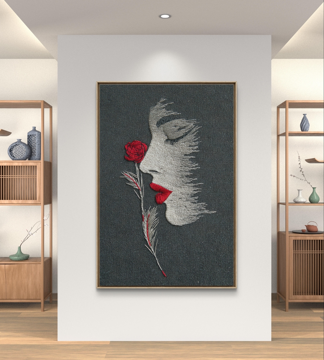 ורד אדום – תמונת קנבס פרופיל אישה עם ורד אדום על רקע כהה | CT2225