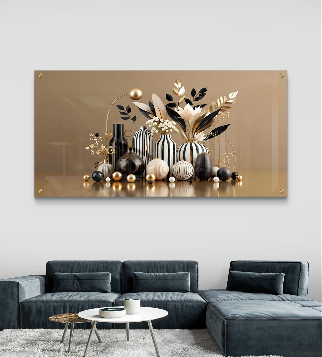 אגרטלים נואר – תמונת זכוכית טבע דומם עם אגרטלים שחור-זהב ופריחה מעוצבת | PN1005