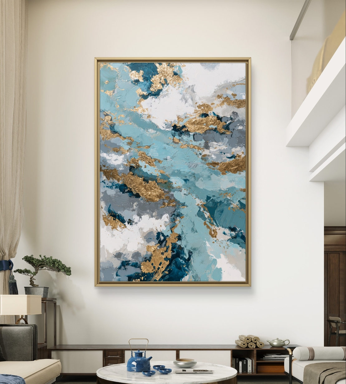 תמונת קנבס אבסטרקטית בגווני תכלת, כחול ולבן עם נגיעות זהב בעיצוב יוקרתי ואלגנטי לבית