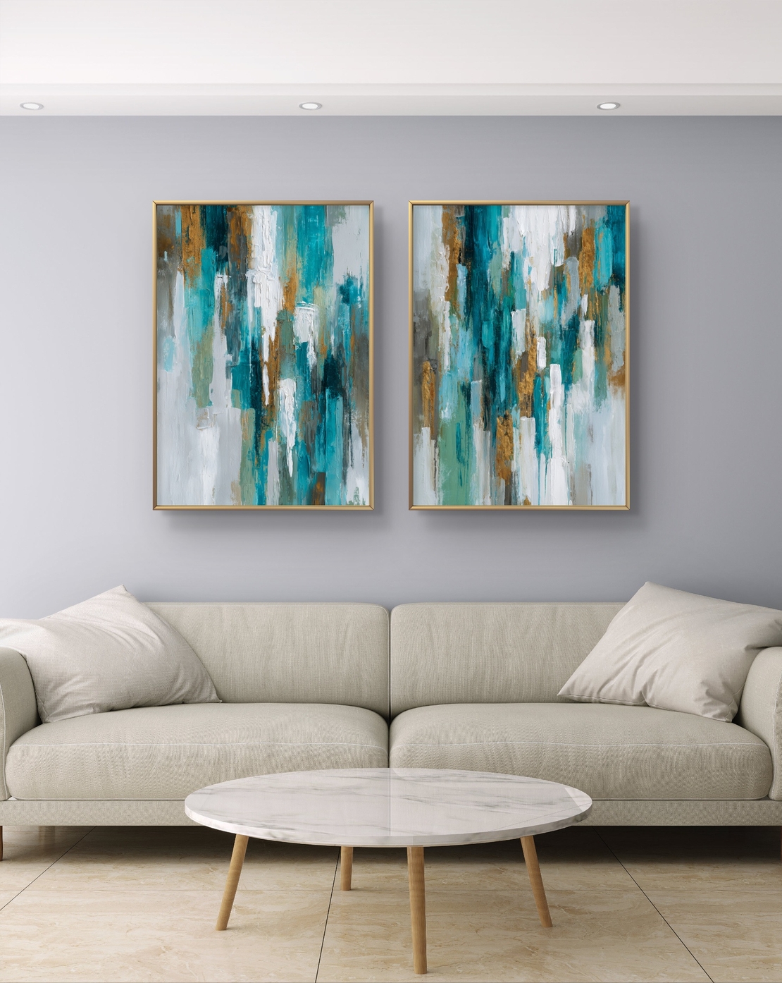 סט תמונות קנבס זוגי בגווני טורקיז, לבן וזהב בעיצוב אבסטרקטי – תכשיט לבית