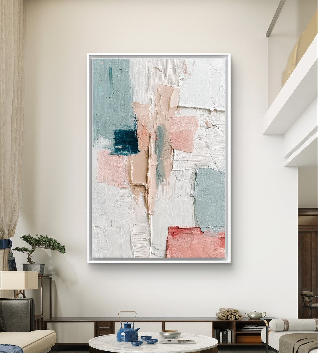 תמונת קנבס אבסטרקטית בגווני פודרה ותכלת עם מרקם עדין ועיצוב מודרני