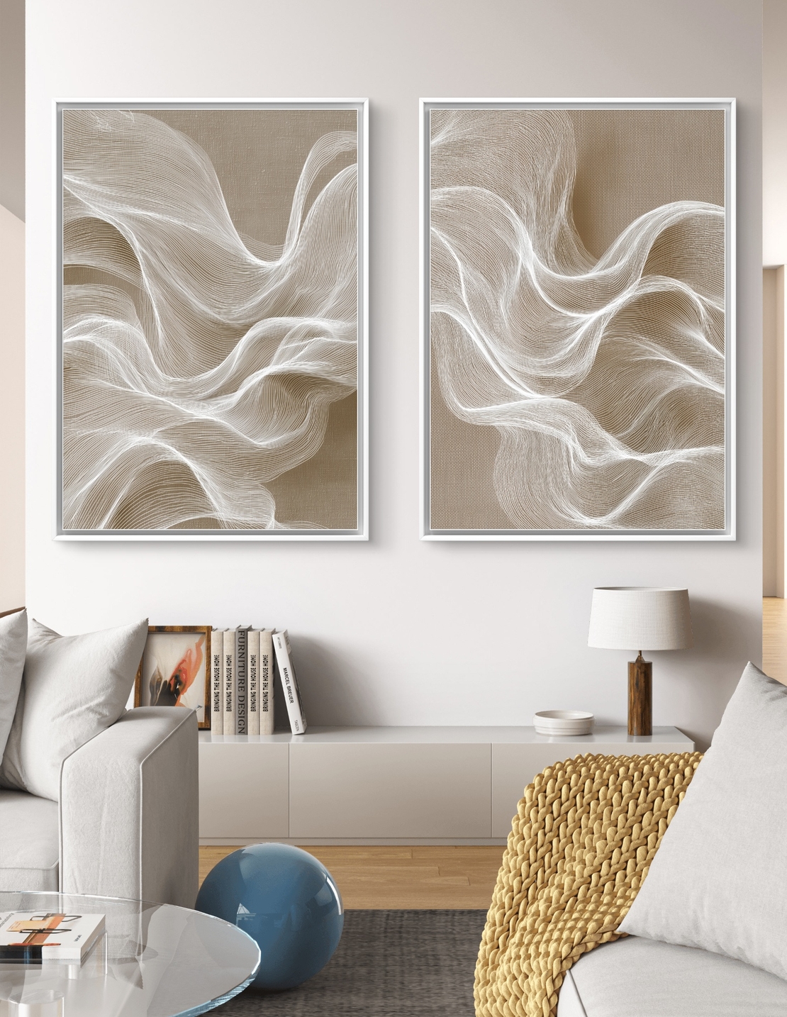 סט זוג קנבסים מודרניים בגוונים טבעיים עם קווים עדינים