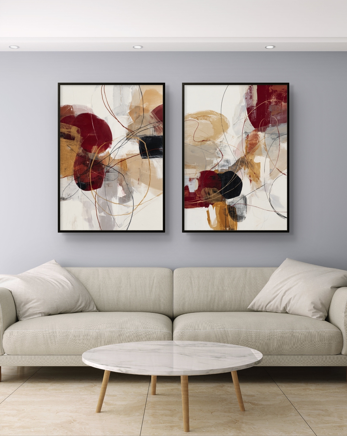 סט תמונות קנבס זוגיות אבסטרקטיות בגווני בורדו, זהב ושמנת עם קווים דינמיים ועיצוב מודרני