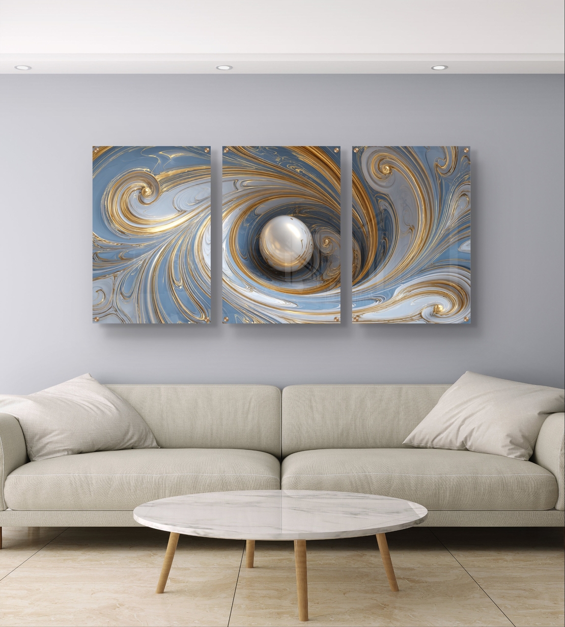 סט שלישייה של תמונות זכוכית אבסטרקטיות בגווני תכלת, לבן וזהב עם כדור מרכזי ועיצוב מודרני