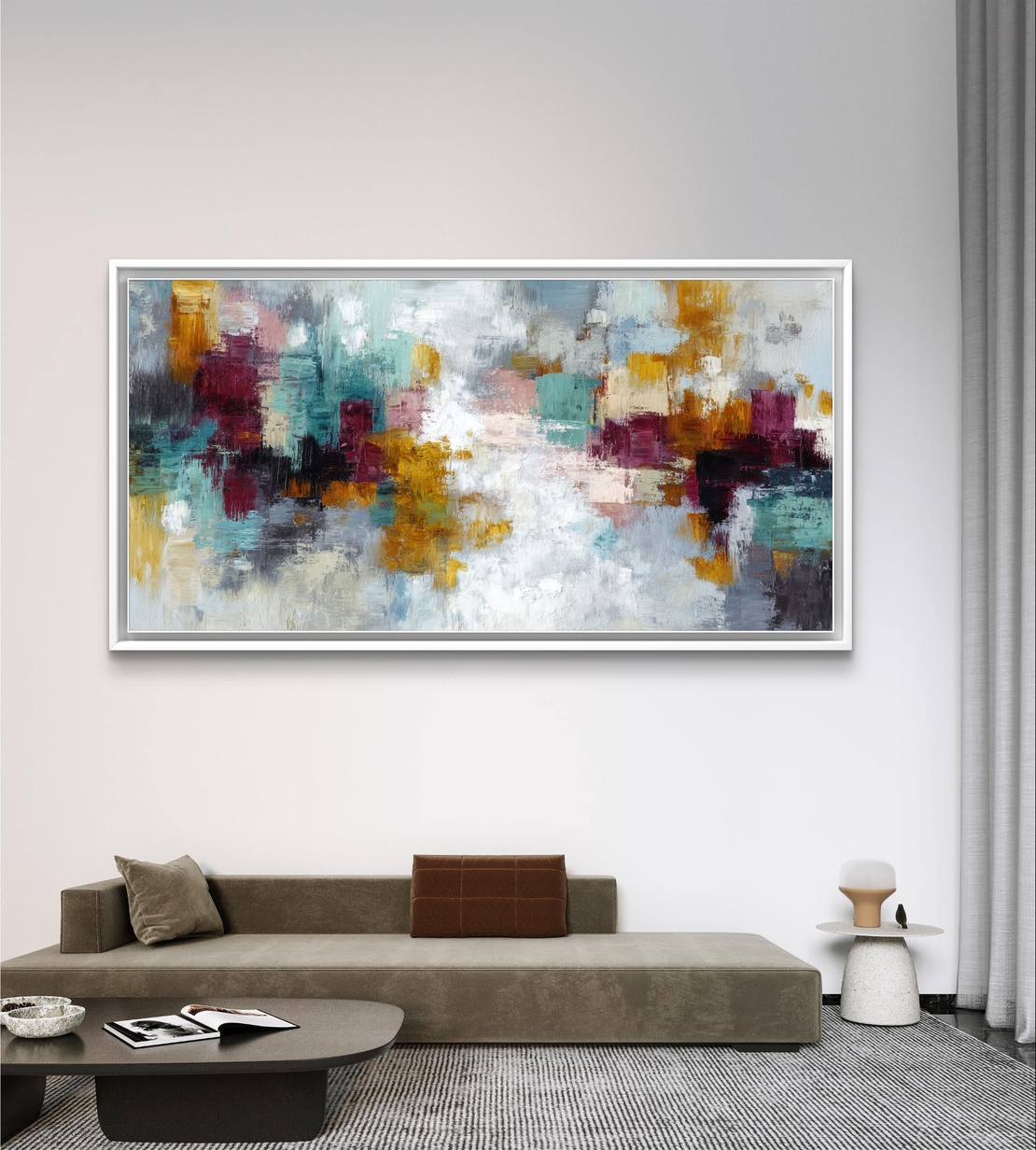 תמונת קנבס מופשטת לרוחב בגווני טורקיז, בורדו וזהב – תכשיט לבית