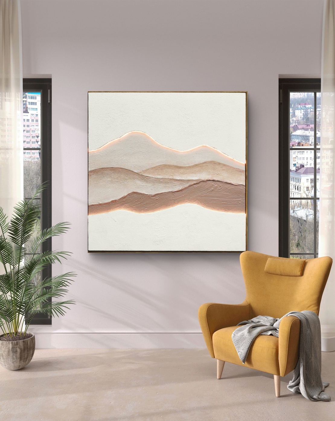 תמונת נוף אבסטרקטית מוארת עם שלט רחוק וסוללות – אמנות LED בגווני חול דגם LED1008-מידה 100-100 ס