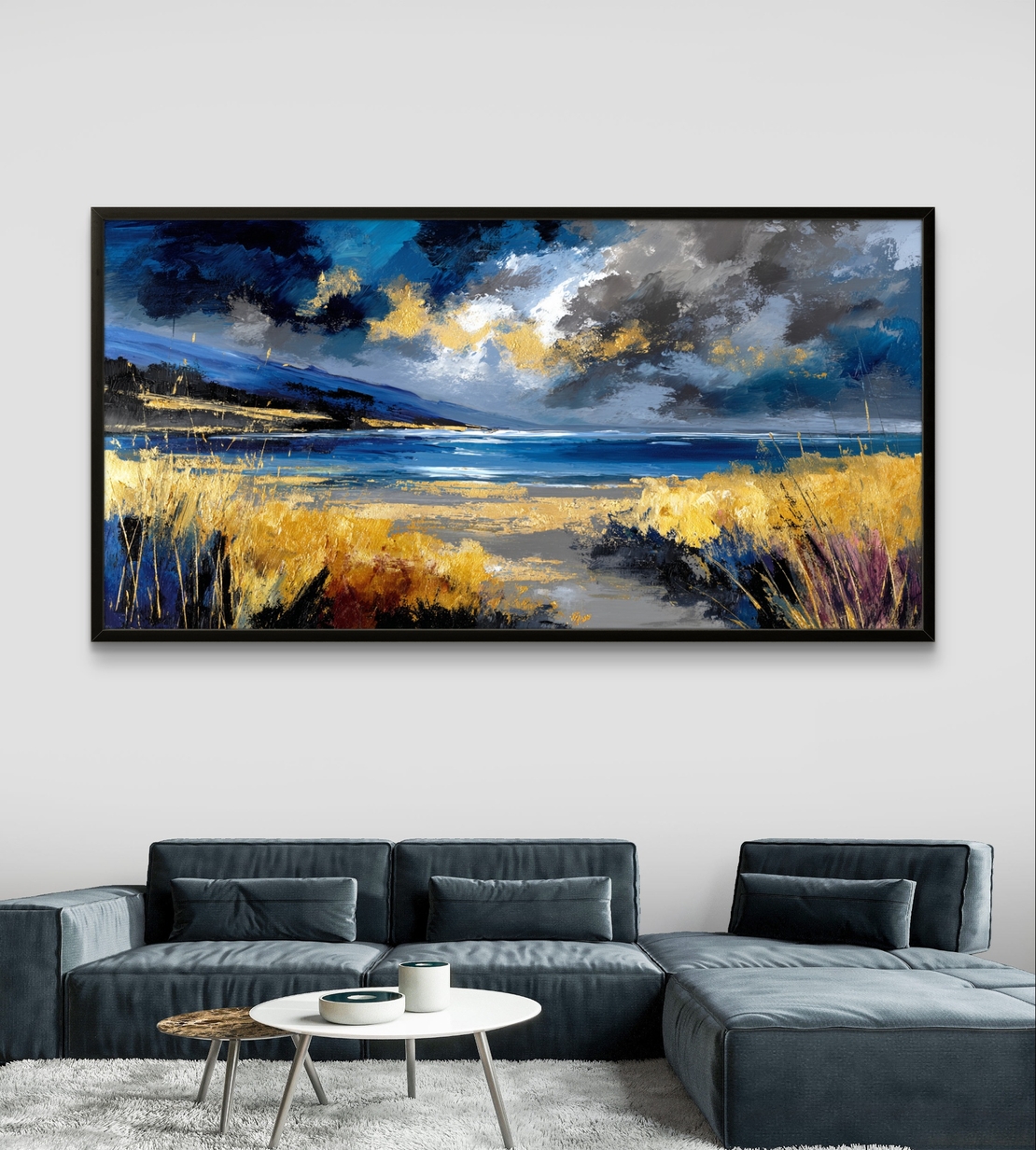 תמונת קנבס נוף ים דרמטי בכחול וזהב – קנבס יוקרתי לרוחב לסלון דגם CC4563