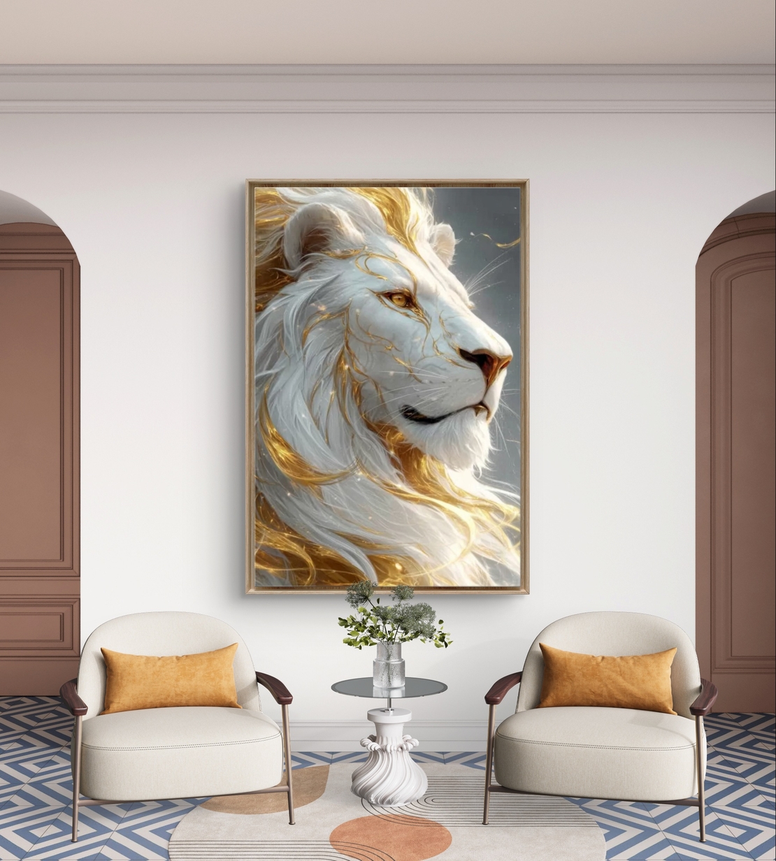 תמונת קנבס של אריה לבן עם נגיעות זהב בעיצוב יוקרתי, שקט ועוצמתי לבית