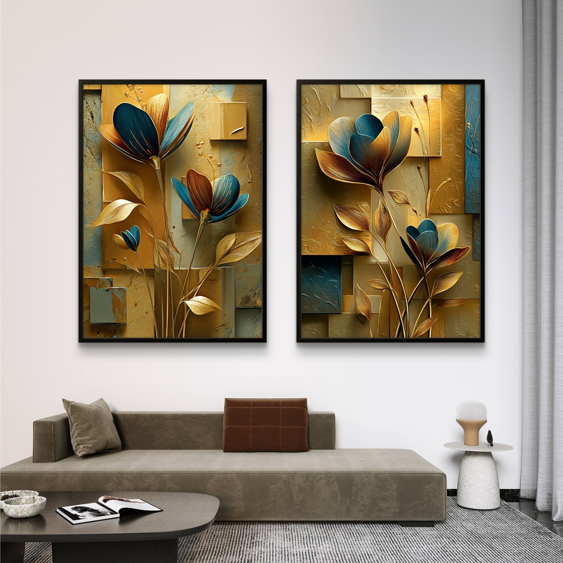 זוג תמונות קנבס פרחוניות בגווני זהב וכחול – דגם DA2223