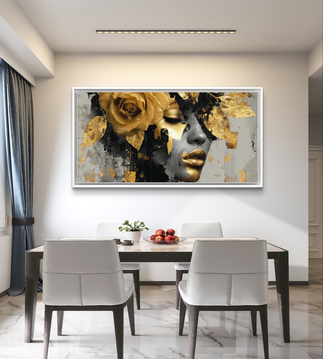 תמונת קנבס לרוחב עם דיוקן נשי דרמטי בגווני שחור וזהב ועיטורי עלי זהב