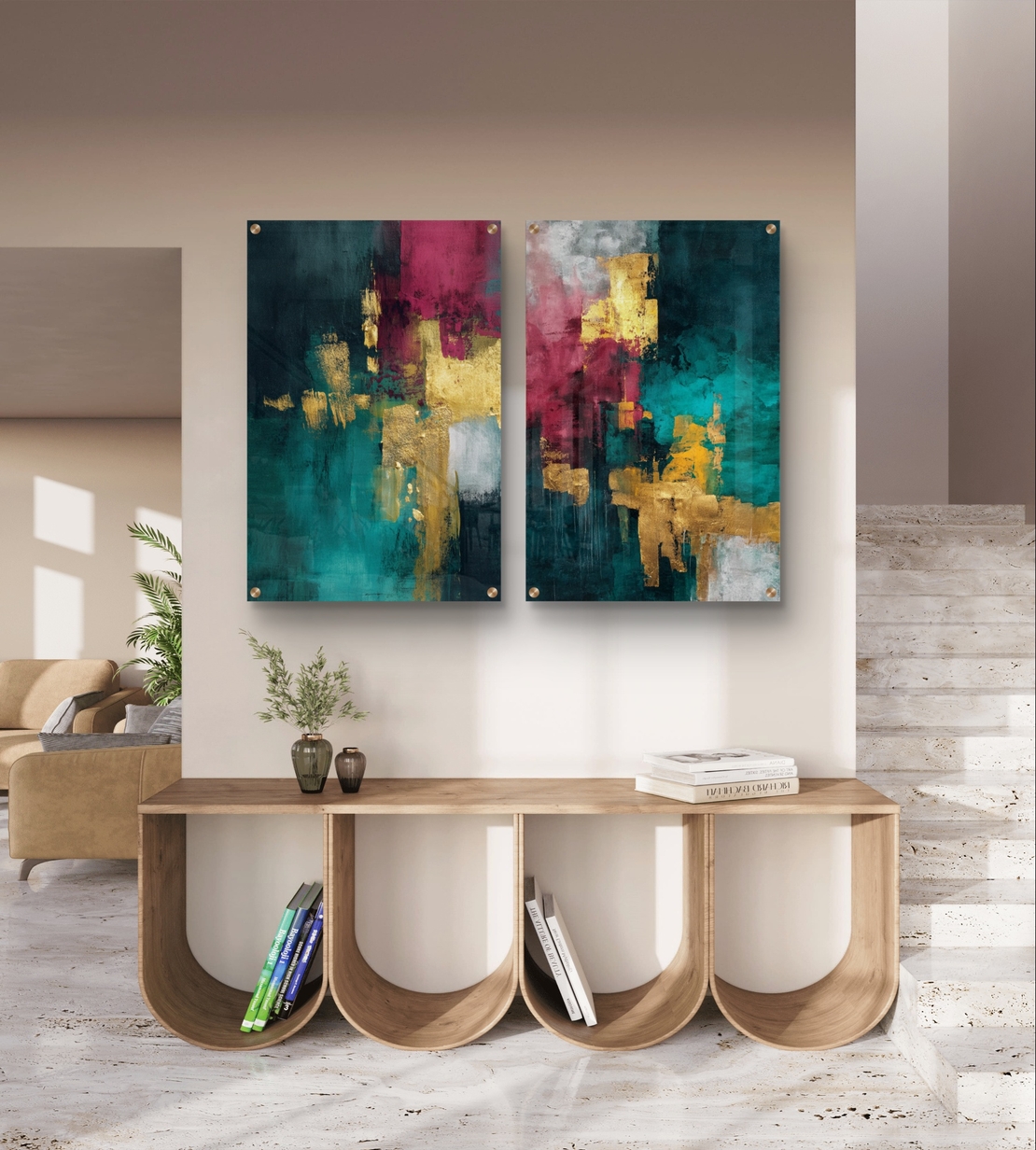 תמונת זכוכית זוגית אבסטרקטית בגווני טורקיז ובורדו עם נגיעות זהב, הדפסה חלקה ללא תבליט