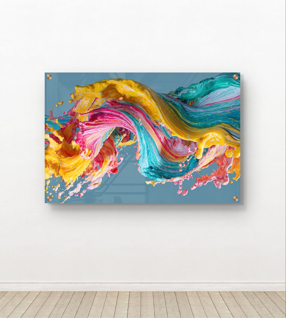 תמונת זכוכית אבסטרקטית עם גל צבעים דינמי בגווני טורקיז, צהוב וורוד בעיצוב מודרני