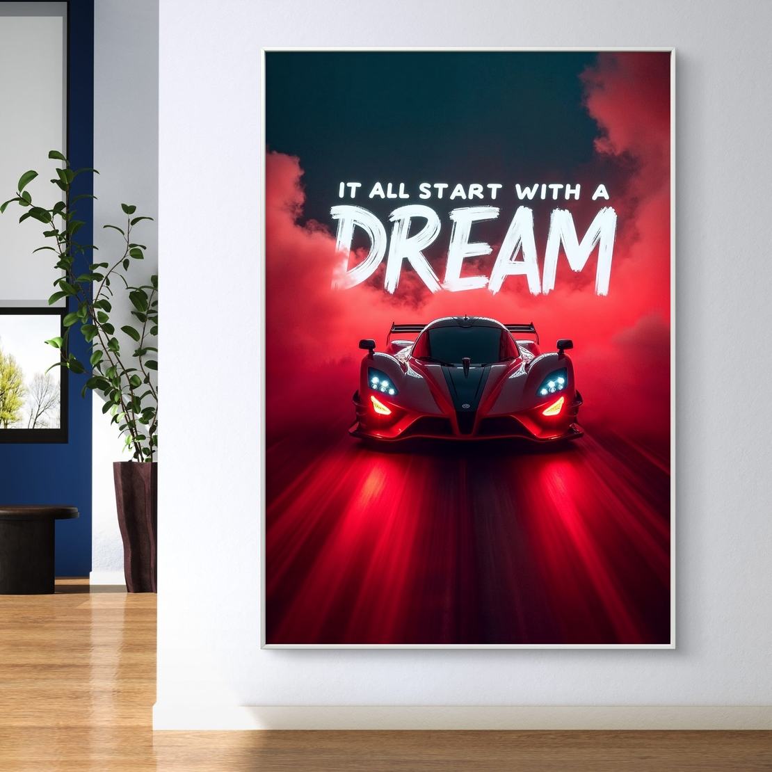 תמונת קנבס לאורך עם רכב אדום וכיתוב “It all start with a dream”, עיצוב מודרני ואיכותי מבית תכשיט לבית.