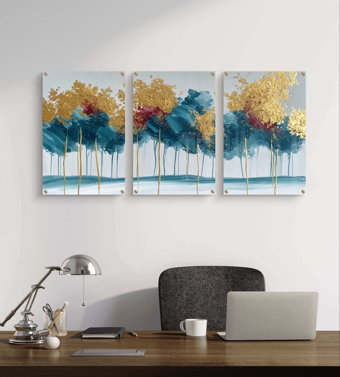 שלישיית תמונות זכוכית עם עצים אבסטרקטיים בגווני טורקיז וזהב בעיצוב יוקרתי ומודרני