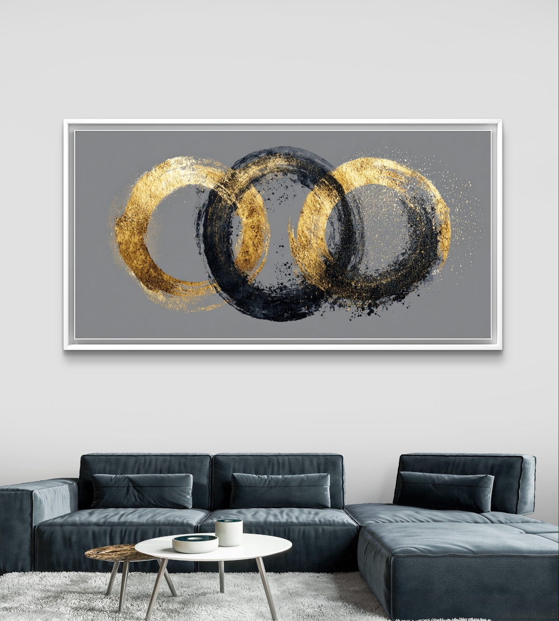 תמונת קיר רוחבית יוקרתית – טבעות זהב ושחור עם אפקט אבק זהב וספלשים עדינים