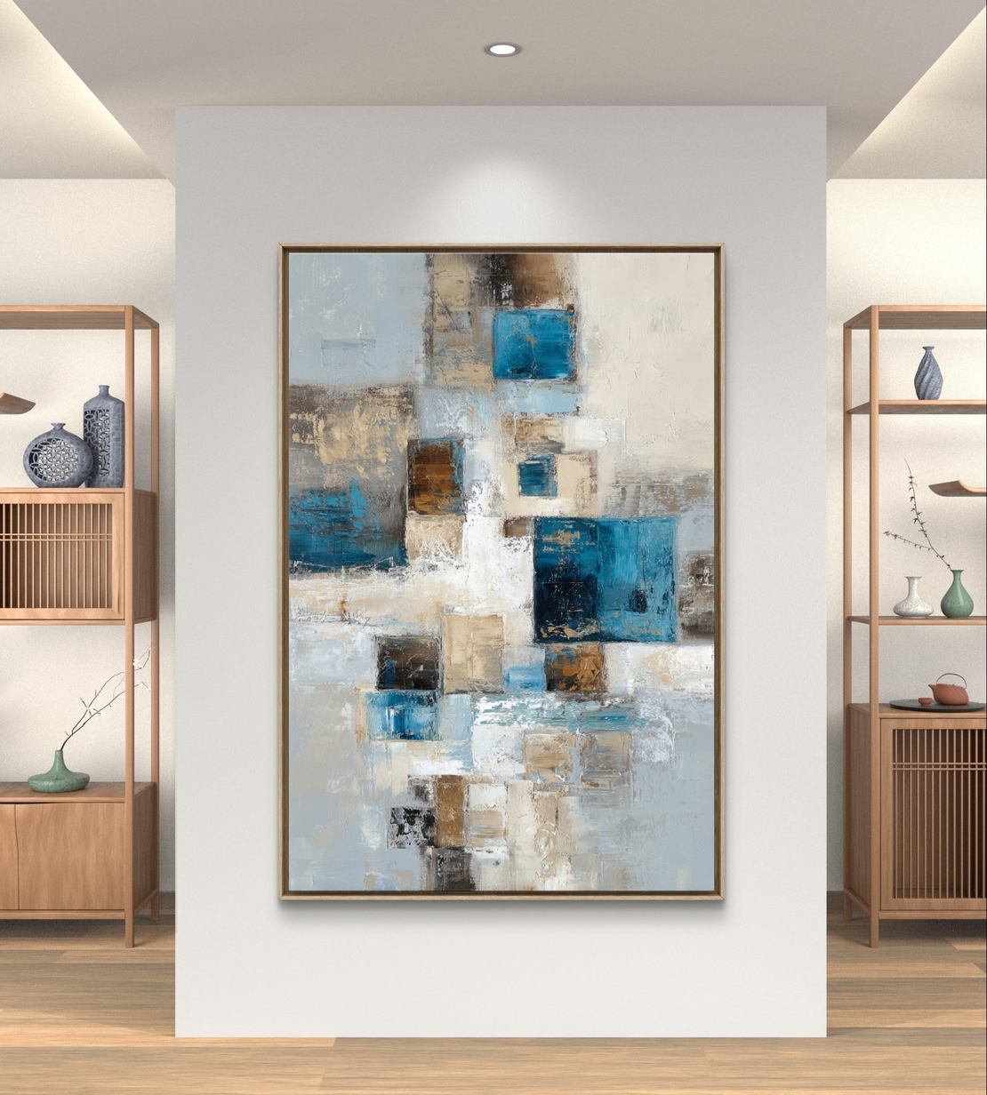 בלוקים בתכלת – תמונת קנבס אבסטרקט גיאומטרי בגווני תכלת ובז׳ | CT2223