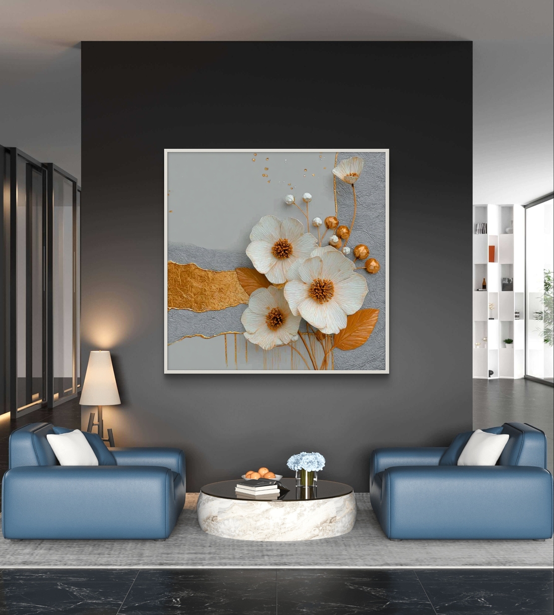 עלי זהב – תמונת קנבס פרחים לבנים עם זהב ואפור | SQ3381