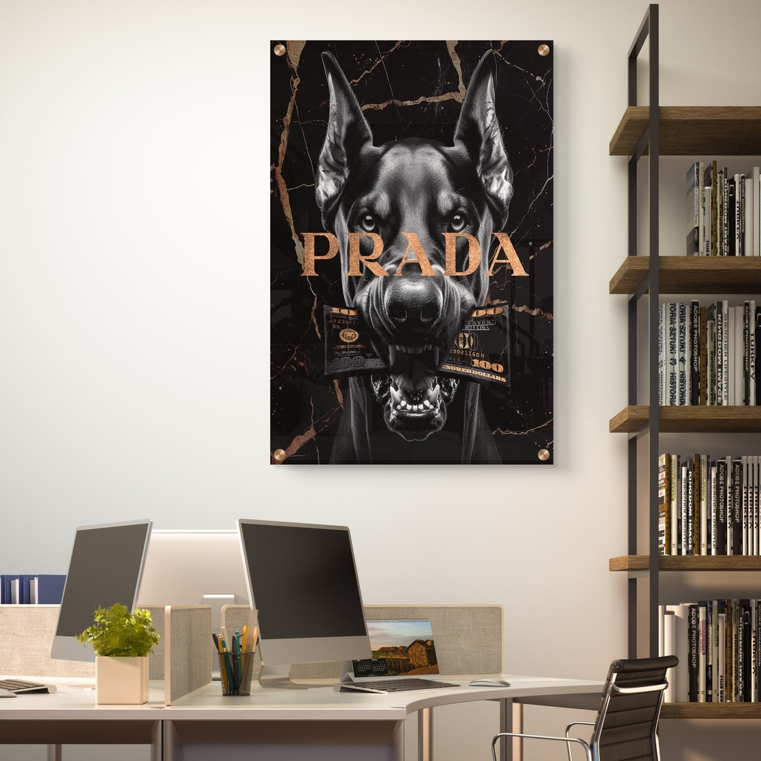 תמונת זכוכית לאורך עם דוברמן עוצמתי, כיתוב PRADA ושטרות כסף – עיצוב יוקרתי של תכשיט לבית