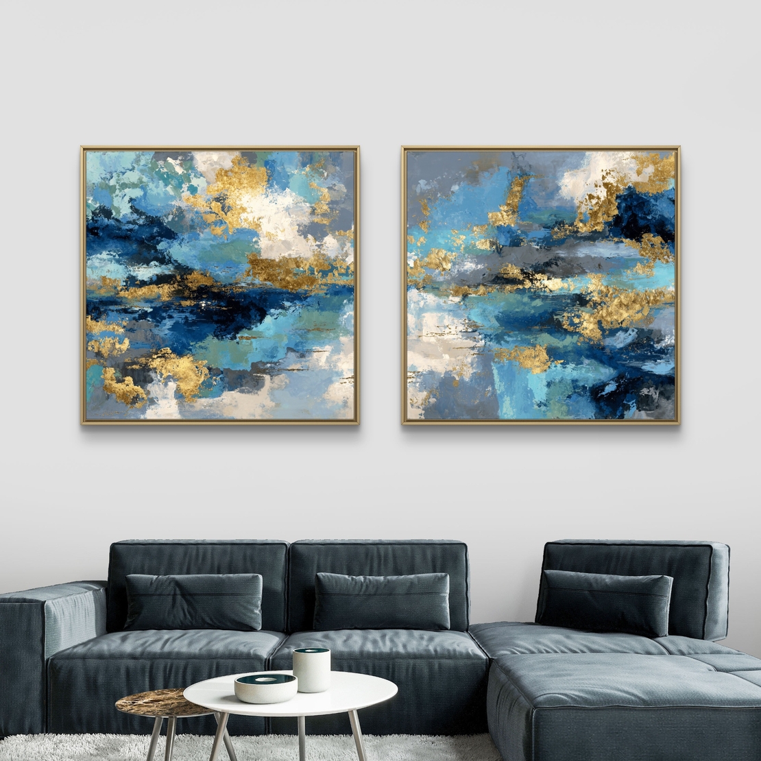 זוג תמונות קנבס מרובעות אבסטרקט בגווני כחול וטורקיז עם נגיעות זהב