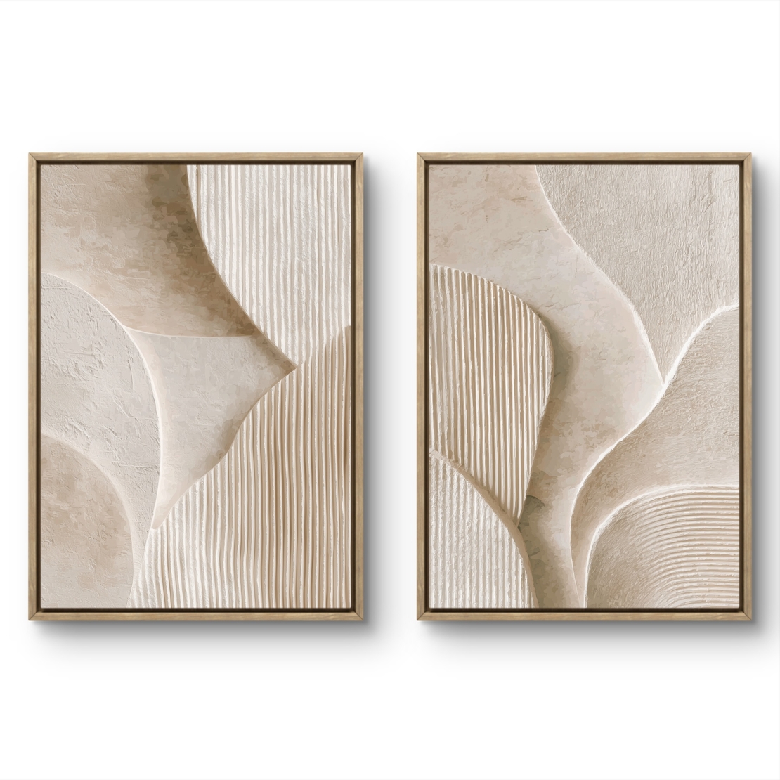 זוג תמונות קנבס בגווני בז ושמנת עם צורות פיסוליות עדינות
