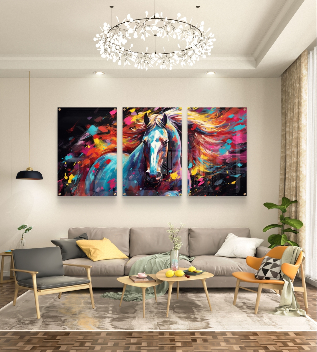 שלישיית תמונות זכוכית עם סוס אבסטרקטי וצבעים עזים בגווני טורקיז, אדום וצהוב בעיצוב מודרני ועוצמתי לסלון